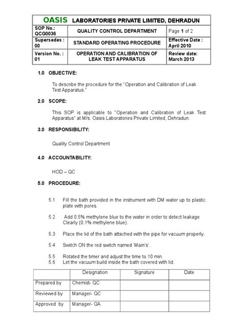 Oasis Laboratories SOP for Leak Test Apparatus Calibration | PDF | Leak ...