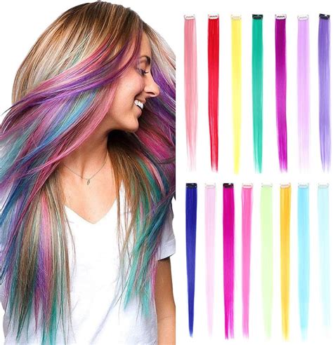 Pcs Rainbow Color Straight Hair Extensions Clip In Inch Multi