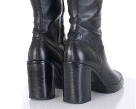 90s Steve Madden Black Leather Chunky Heel Platform Boots Knee High Ma