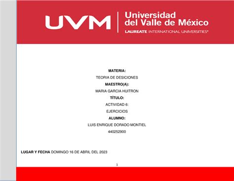 Actividad Numero 6 Actividad 6 EJERCICIOS 1 MATERIA TEORIA DE