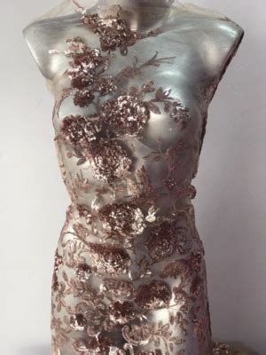 Pink Rose Gold Beaded Lace Fabric Nude Tulle Embroidered With Sequins Roses Floral Pattern