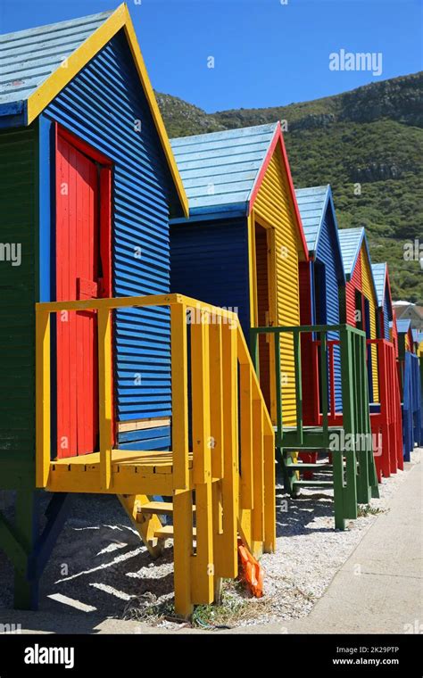 Colorful Beach Huts At St James Beach In Cape Town South Africa Stock