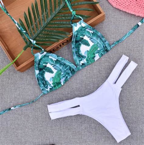 Fashion Green Leaf Print Two Straps Halter Knit Bottom Side Open Two Piece Bikini On Luulla