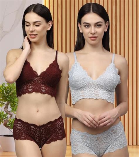 Buy Beach Curve Women Net Bra Panty Set For Lingerie Set Pack Of Color Maroon Grey
