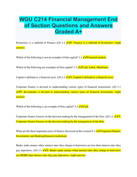 WGU C214 Financial Management End Of Section Questions And Answers