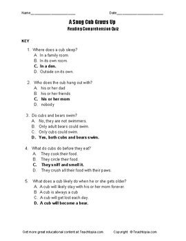 Benchmark Advance Reading Comprehension Quiz St Grade A Snug Cub Grows Up