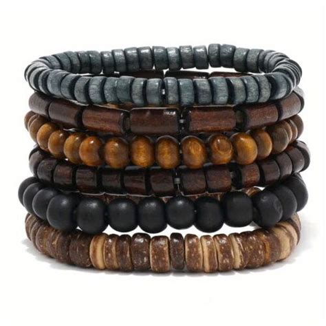 Pcs Set Mens Brown Black Beaded Vintage Wooden Wristband Bangle