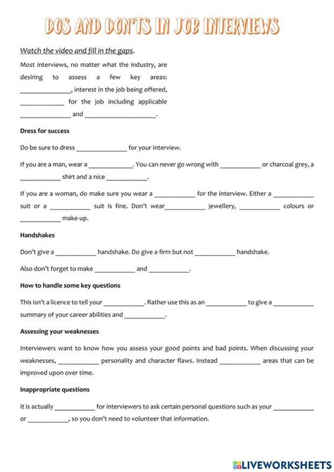 Dos And Don Ts In Job Interviews Worksheet