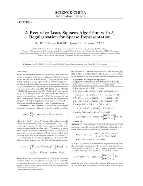 Pdf A Recursive Least Squares Algorithm With ℓ1 Regularization For