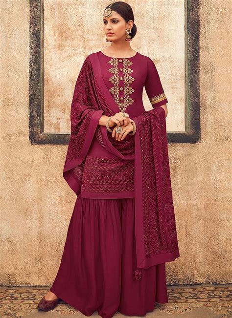 Deep Magenta Embroidered Gharara Suit Lashkaraa With Images