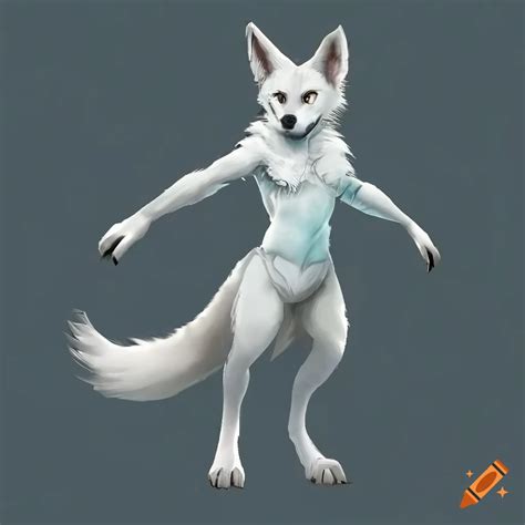 Anthropomorphic White Wolf With Fennec Fox Ears And Blue Eyes Standing