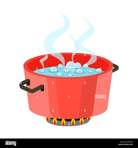 Boiling Water In Pan Red Cooking Pot On Stove With Water And Steam Flat