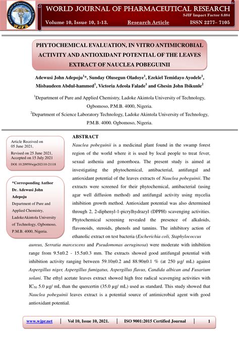 PDF Phytochemical Evaluation In Vitro Antimicrobial Activity And