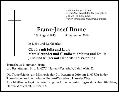 Traueranzeigen Von Franz Josef Brune Trauer In Nrw De