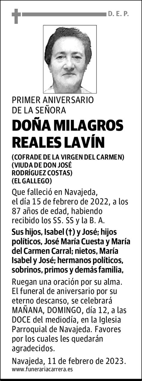 Do A Milagros Reales Lav N Esquela El Diario Monta S