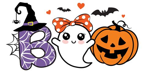 Boo Cute Ghost girl Halloween vector illustration with pumpkin, hearts ...