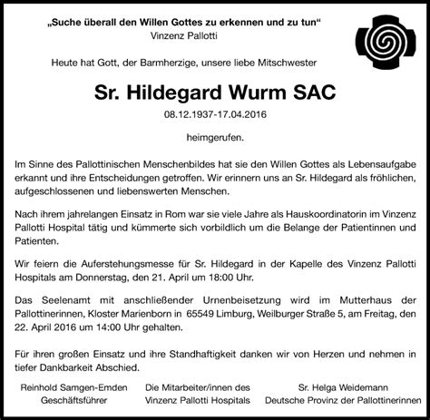 Traueranzeigen Von Hildegard Wurm WirTrauern