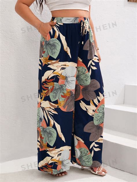 Shein Vcay Plus Tropical Print Tie Waist Wide Leg Pants Shein Usa