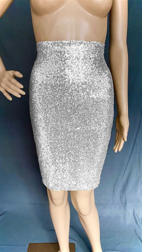 Sequin Skirt Silver Sequin Pencil Skirt Women Midi Skirt Etsy