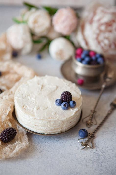 Naked Cake With Cheese Cream Stock Photo Image Of Portion Marble