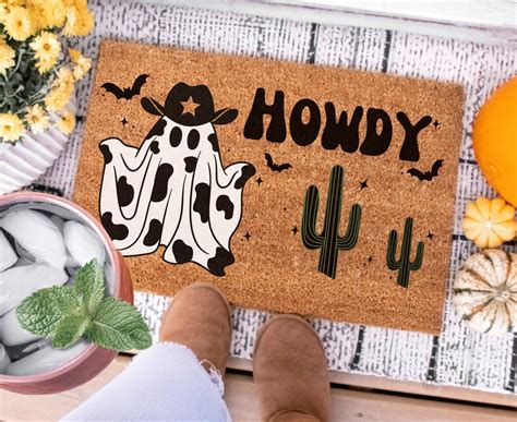 Howdy Halloween Doormat Cowboy Ghost Doormat Cow Halloween Welcome