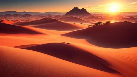 Paisagem desértica árvores e dunas de areia ao pôr do sol