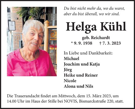 Traueranzeigen von Helga Kühl nordwest trauer de