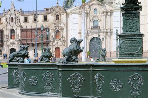 Fountain On Plaza Mayor De Lima With Archbishop S Palace Of Lima And