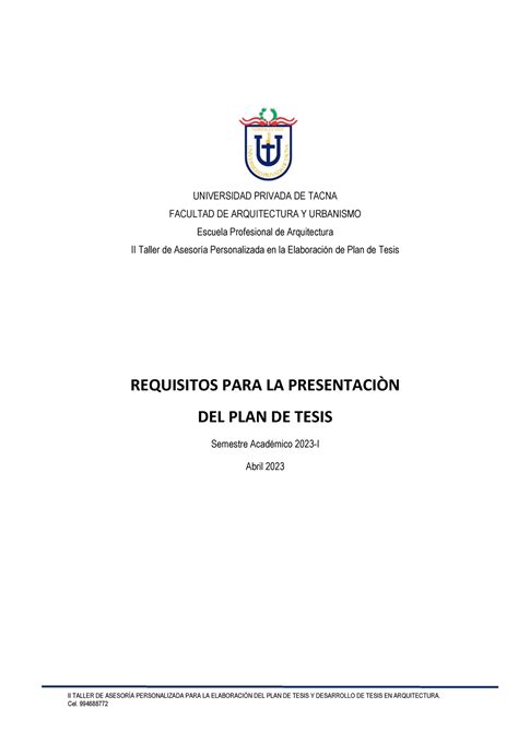 Requisitos Para El Plan De Tesis Ii Taller De Asesor A Personalizada