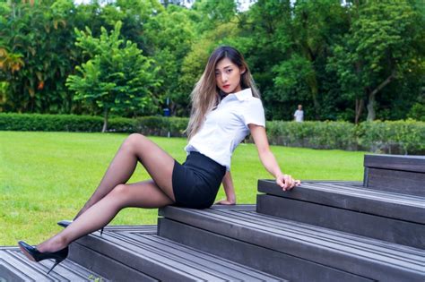 K Asian Pose Sitting Legs Pantyhose Stilettos Skirt Blouse Hd