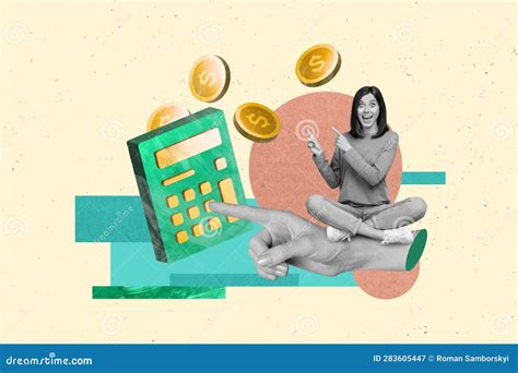 Imagen De Collage Afiche De La Excitada Chica Economista Sita Show Calculadora Analizando El