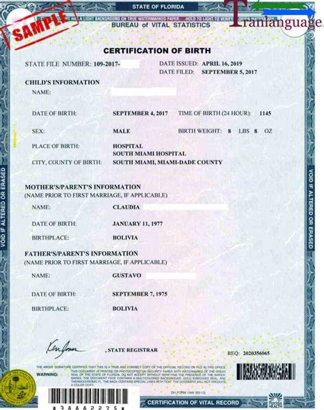 Birth Certificate Us Florida I Tranlanguage Certified Translations