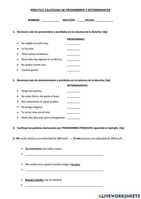 Determinantes Y Pronombres Posesivos Worksheet Live Worksheets