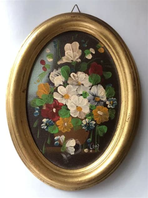 TABLEAU CADRE OVALE peinture à l huile bouquet de fleurs signé Aris EUR