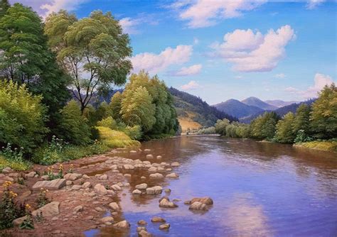 Summer Landscape Blue Painting Realism Oil Painting Large Canvas Art