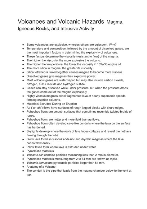 Summary Volcanoes And Volcanic Hazards Magma Igneous Rocks And