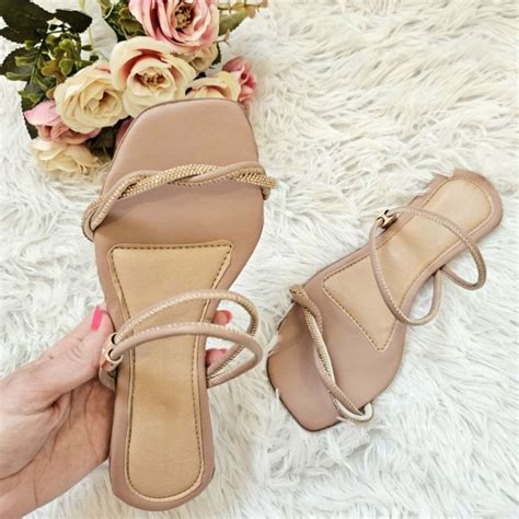 Sandália Feminina Rasteirinha Brilho Strass Luxo Entrelaçada Nude Verde Branca Marfim