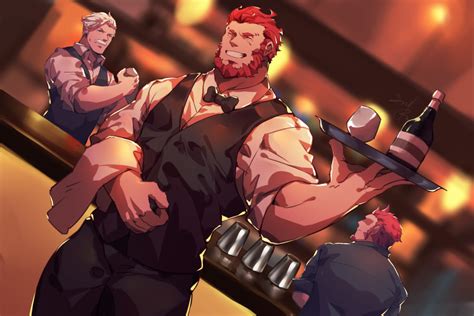 Safebooru 3boys Absurdres Alcohol Alternate Costume Bar Bara Bartender Beard Black Pants Black