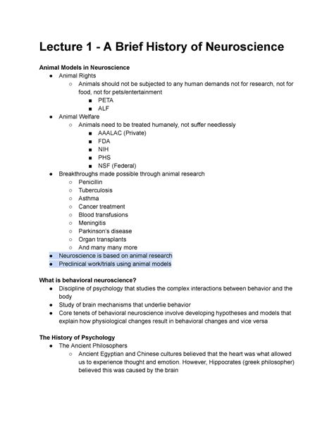 Quiz 1 Behavioral Neuroscience Quiz Notes Lecture 1 A Brief