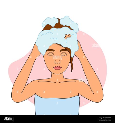 Woman Washing Her Hair With Shampoo Haircare Concept Vector