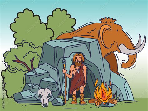 Ancient cartoon caveman standing near his cave vector illustration ...