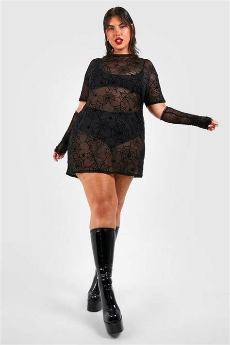 Plus Halloween Spider Web Mesh T Shirt Dress Boohoo Uk