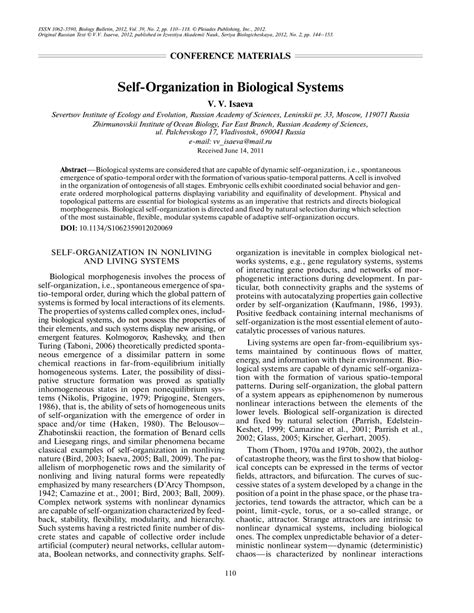 Pdf Self Organization In Biological Systems