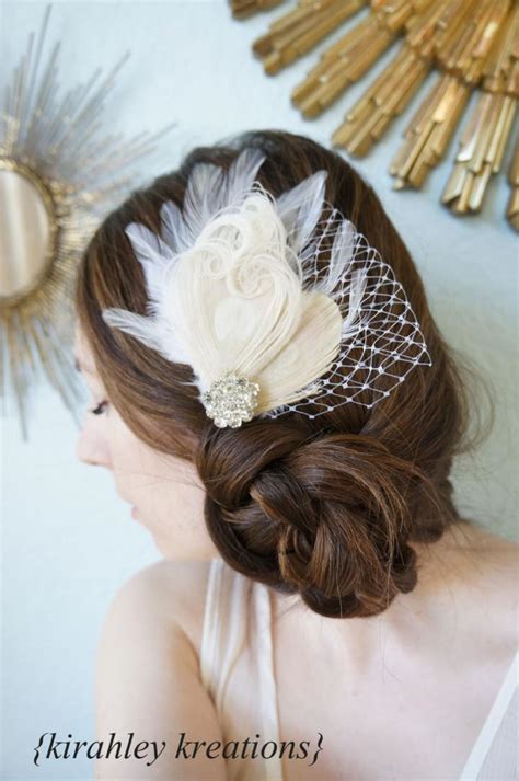 Arri Champagne Ivory White Peacock Feather Fascinator Wedding Hairpiece Vintage Style