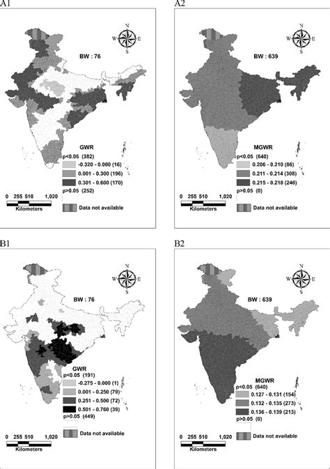 Spatial Distribution Of Gwr Local Coefficients Left Side And Mgwr