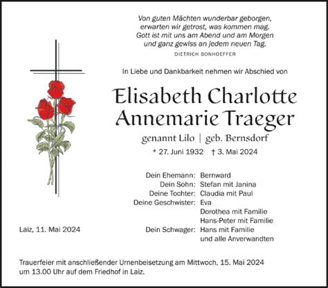 Traueranzeigen Von Elisabeth Charlotte Annemarie Traeger Schwaebische