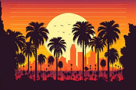 Beautiful Los Angeles Skyline And Palm Trees At Sunset Stock Illustration Illustration Of