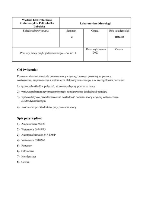 Metrologia Sprawozdanie Cw Pomiary Mocy Wydzia Elektrotechniki I