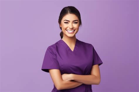 Premium Ai Image Radiant In Purple Scrubs A Joyful Young Nurse Puts