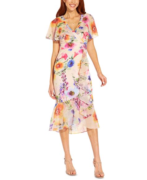 Adrianna Papell Floral Ruffle Faux Wrap Midi Dress In Praline Multi